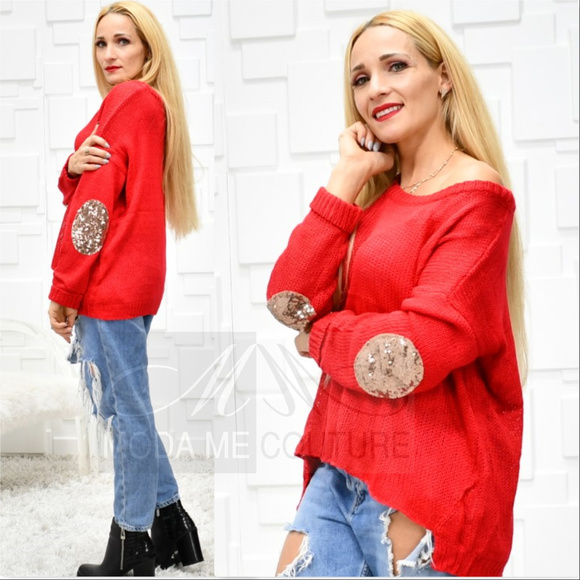 ROSE Red Sweater Sequin Elbows - Picture 2 of 4